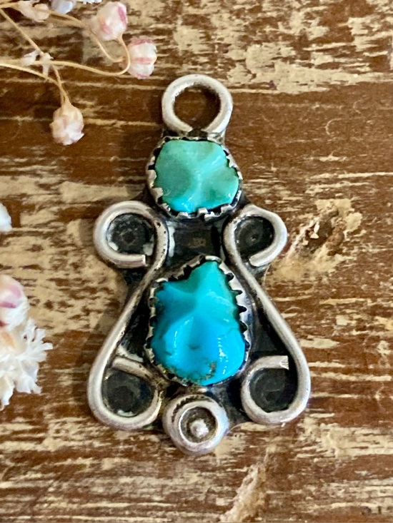 Unknown Jewelry - Small Southwestern Style Pendant Silver Tone with Two Blue Stones Sawtooth Bezel
